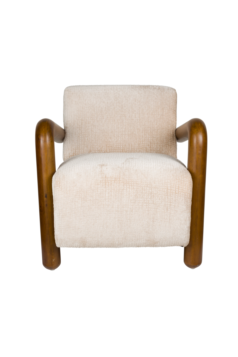 Cream Polyester Lounge Armchair with Curved Mango Wood Armrests