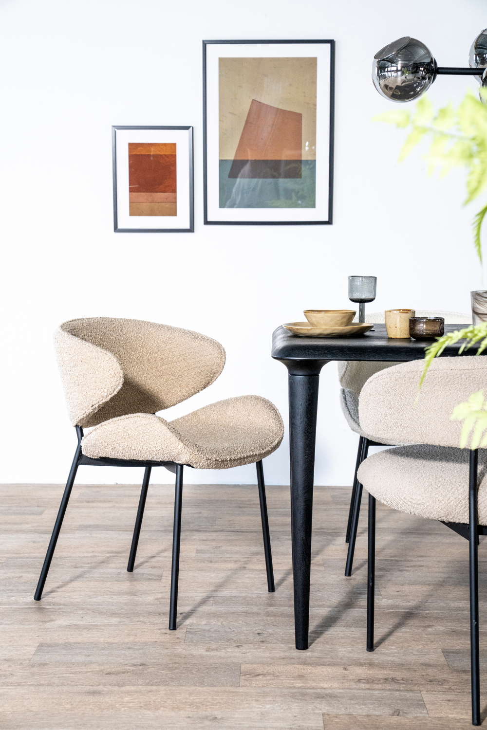 Modern Curved Fabric Upholstered Dining Chair with Black Metal Frame