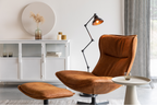 Fauteuil de salon ergonomique en tissu avec appuie-tête et piètement pivotant